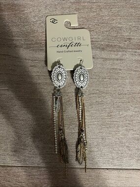 Two-Tone Feather Chain Drop Earrings